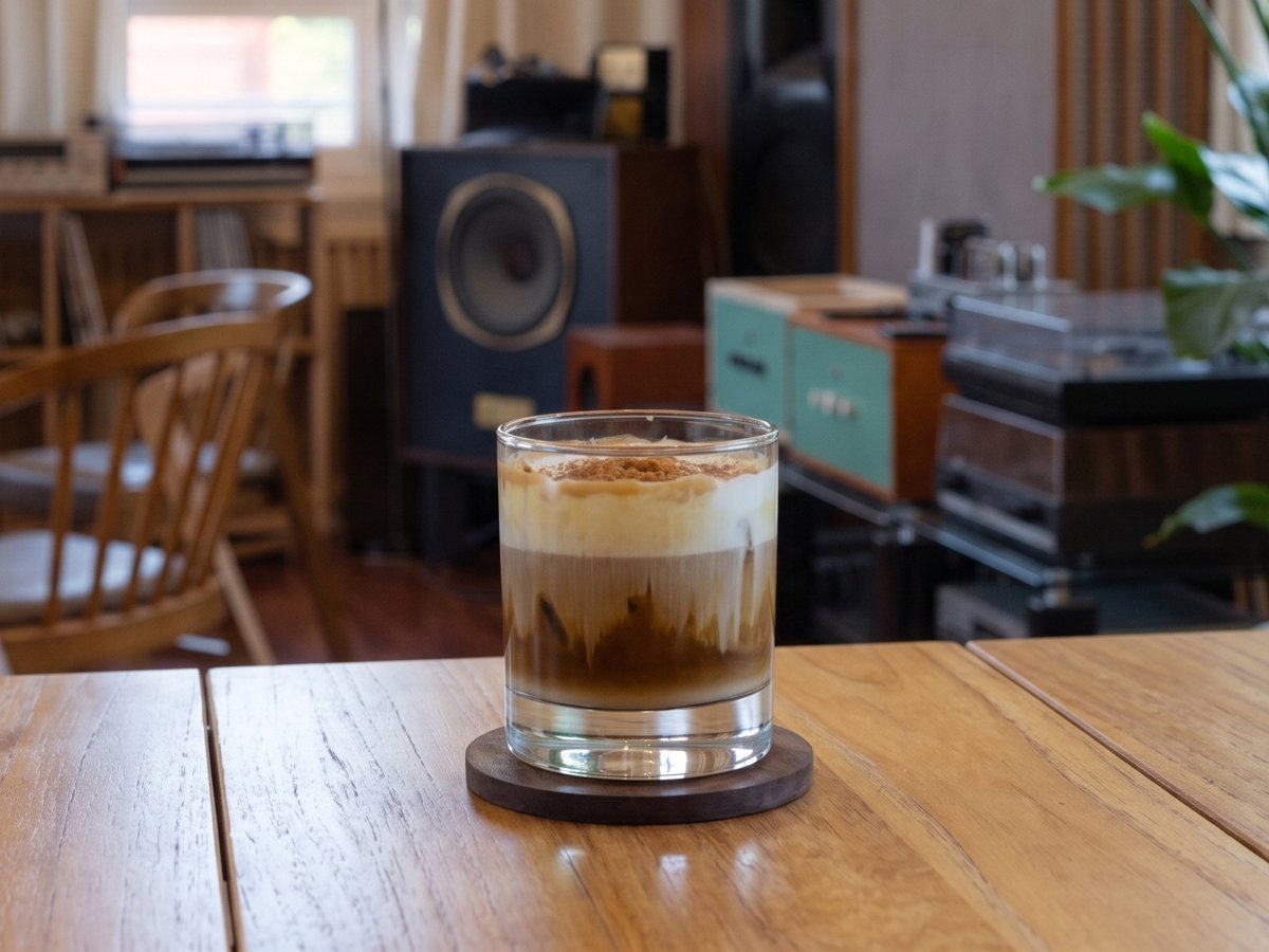 빈티지 오디오를 배경으로 놓인 시공간 솔티드 라떼